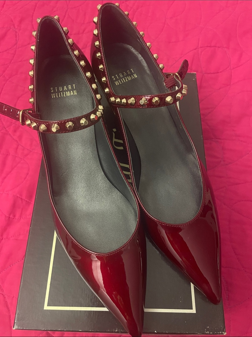 Stuart Weitzman Burgundy Patent Mary Jane Pumps with Gold Studs